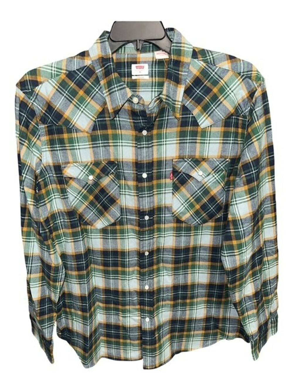 Levis XL Men Shirt Pearl Snap Green Plaid Western Dual Pockets Logo Long Sleeves